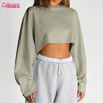 Double face personnalisée O Cou Blanc Plain Oversize Top coupé Solid Casual Athlétique Spandex Femmes T-shirt à manches longues