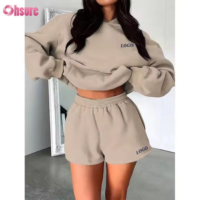 F240140 Ensembles courts personnalisés Ensemble de deux pièces Femmes Manches longues Hoodie simple Sweatsuit et Shorts de gym Ensemble de vêtements de printemps pour femmes