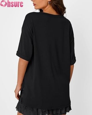 T-shirt décontracté oversize pour femme, haut tunique ample à manches courtes avec fente latérale et ourlet à volants