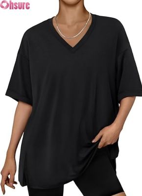 T-shirt décontracté oversize pour femme, haut tunique ample à manches courtes avec fente latérale et ourlet à volants