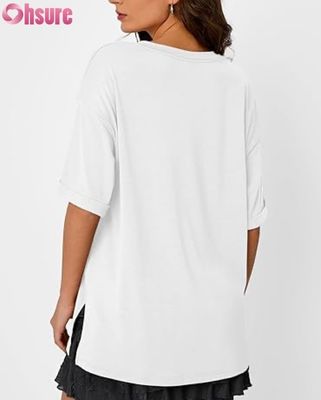 T-shirt décontracté oversize pour femme, haut tunique ample à manches courtes avec fente latérale et ourlet à volants