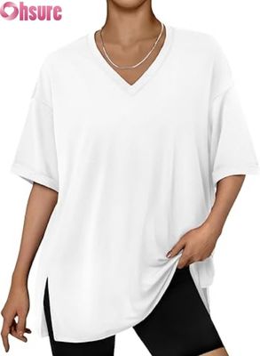 T-shirt décontracté oversize pour femme, haut tunique ample à manches courtes avec fente latérale et ourlet à volants