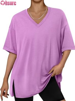 T-shirt décontracté oversize pour femme, haut tunique ample à manches courtes avec fente latérale et ourlet à volants