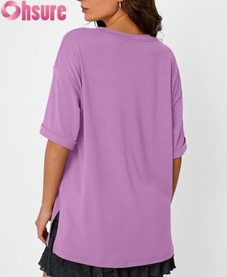 T-shirt décontracté oversize pour femme, haut tunique ample à manches courtes avec fente latérale et ourlet à volants
