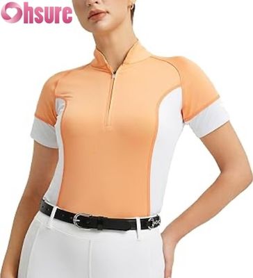 Chemise de concours équestre personnalisée en gros pour femmes - Hauts d'équitation respirants - Manches courtes - Vêtements d'équitation
