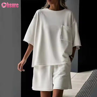 Ensemble d'été décontracté pour femmes, couleur unie, col rond, manches courtes, short de sport élastique, vêtements de sport personnalisés pour femmes