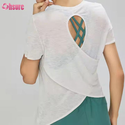 T-shirt de sport à manches courtes creux, légère pour femmes, respirant, rapide à sécher, transparent T-shirts de yoga décontractés