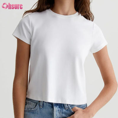 T-shirt court pour femme blanc personnalisé décontracté uni - Silhouette vintage, tricot côtelé en mélange de coton, incontournable du quotidien