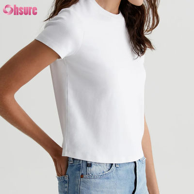 T-shirt court pour femme blanc personnalisé décontracté uni - Silhouette vintage, tricot côtelé en mélange de coton, incontournable du quotidien