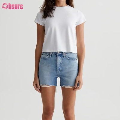 T-shirt court pour femme blanc personnalisé décontracté uni - Silhouette vintage, tricot côtelé en mélange de coton, incontournable du quotidien