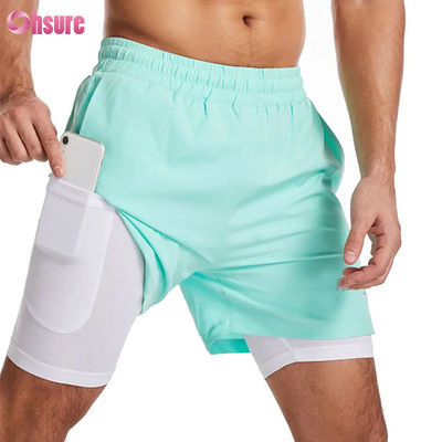Shorts de gym 2 en 1 en polyester avec logo personnalisé, vêtements d'entraînement de fitness pour hommes, logo standard, short de bain uni avec doublure, shorts de fitness