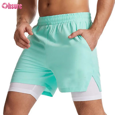 Shorts de gym 2 en 1 en polyester avec logo personnalisé, vêtements d'entraînement de fitness pour hommes, logo standard, short de bain uni avec doublure, shorts de fitness
