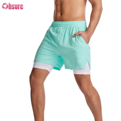 Shorts de gym 2 en 1 en polyester avec logo personnalisé, vêtements d'entraînement de fitness pour hommes, logo standard, short de bain uni avec doublure, shorts de fitness
