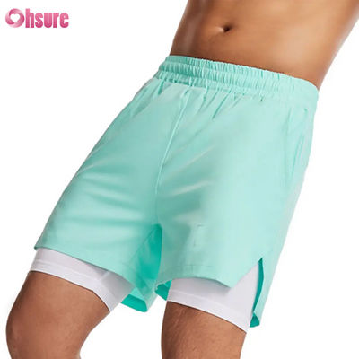 Shorts de gym 2 en 1 en polyester avec logo personnalisé, vêtements d'entraînement de fitness pour hommes, logo standard, short de bain uni avec doublure, shorts de fitness