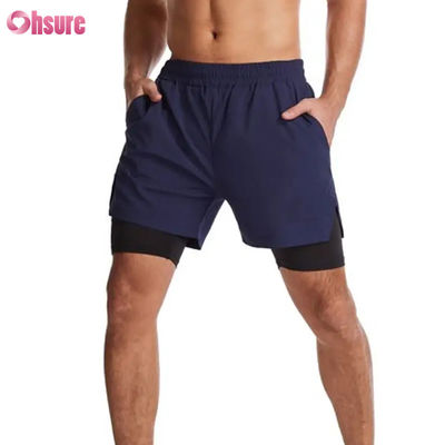 Shorts de gym 2 en 1 en polyester avec logo personnalisé, vêtements d'entraînement de fitness pour hommes, logo standard, short de bain uni avec doublure, shorts de fitness