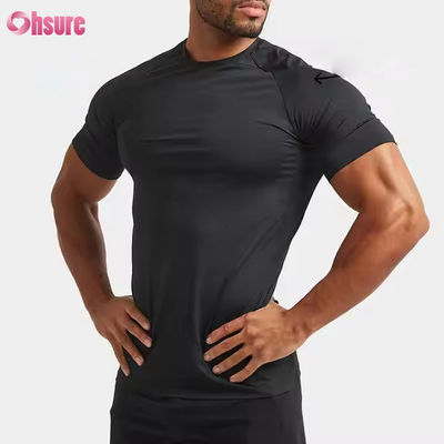 T-shirt de sport pour hommes, personnalisé en polyester et spandex, léger, coupe ajustée, manches raglan, entraînement rapide des muscles, pour la salle de sport