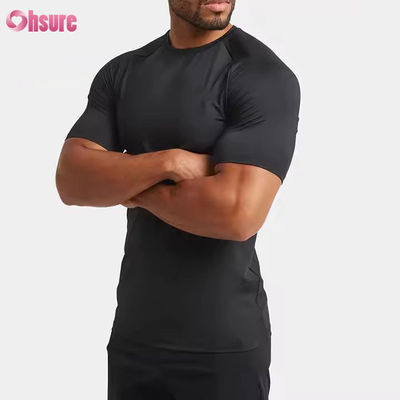 T-shirt de sport pour hommes, personnalisé en polyester et spandex, léger, coupe ajustée, manches raglan, entraînement rapide des muscles, pour la salle de sport