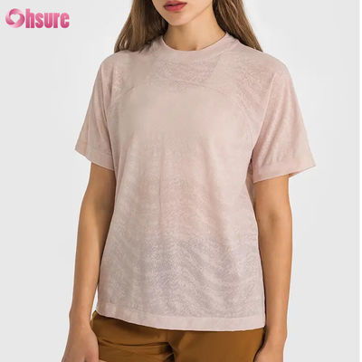 T-shirts de sport jacquard respirants à séchage rapide avec logo personnalisé en gros, haut de yoga de fitness à manches courtes pour femmes, t-shirts de gym courts