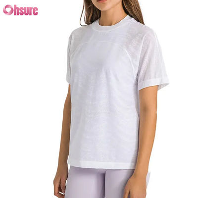 T-shirts de sport jacquard respirants à séchage rapide avec logo personnalisé en gros, haut de yoga de fitness à manches courtes pour femmes, t-shirts de gym courts