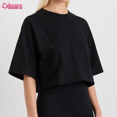 Haut court oversize uni à col rond et double face, en spandex, pour femme, à manches courtes, décontracté et athlétique