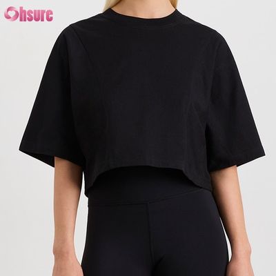Haut court oversize uni à col rond et double face, en spandex, pour femme, à manches courtes, décontracté et athlétique