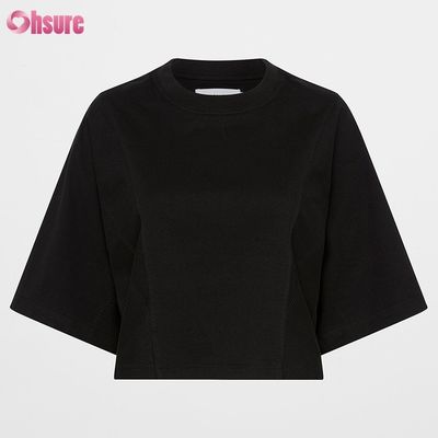 Haut court oversize uni à col rond et double face, en spandex, pour femme, à manches courtes, décontracté et athlétique