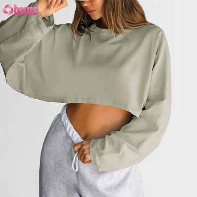 Double face personnalisée O Cou Blanc Plain Oversize Top coupé Solid Casual Athlétique Spandex Femmes T-shirt à manches longues