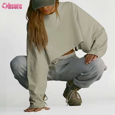 Double face personnalisée O Cou Blanc Plain Oversize Top coupé Solid Casual Athlétique Spandex Femmes T-shirt à manches longues