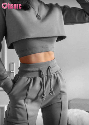 Ensemble de survêtement 3 pièces en coton biologique de couleur unie, crop top et jogging 2025 Ensembles de vêtements de détente deux pièces décontractés pour femmes