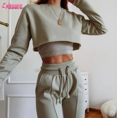 Ensemble de survêtement 3 pièces en coton biologique de couleur unie, crop top et jogging 2025 Ensembles de vêtements de détente deux pièces décontractés pour femmes