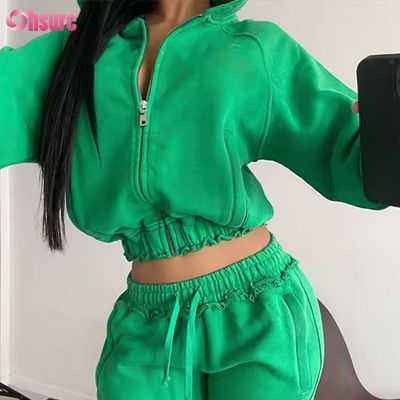 Sweat à capuche zippé court en coton de haute qualité pour femmes, logo personnalisé brodé, molleton français surdimensionné, manteau d'hiver à capuche