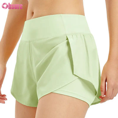 Vente à chaud Shorts de course de taille haute pour femmes Rapide sec Double couche Pantalon d'entraînement athlétique Poches respirantes Fitness Yoga porter
