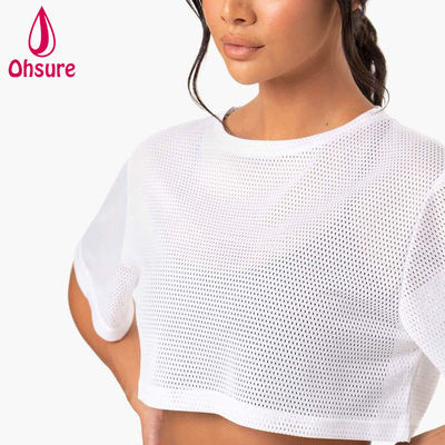T-shirt avec logo personnalisé Décontracté Spandex Maille Tissu Col rond Vêtements pour femmes Chemises de sport pour femmes