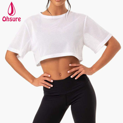 T-shirt avec logo personnalisé Décontracté Spandex Maille Tissu Col rond Vêtements pour femmes Chemises de sport pour femmes