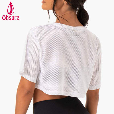 T-shirt avec logo personnalisé Décontracté Spandex Maille Tissu Col rond Vêtements pour femmes Chemises de sport pour femmes