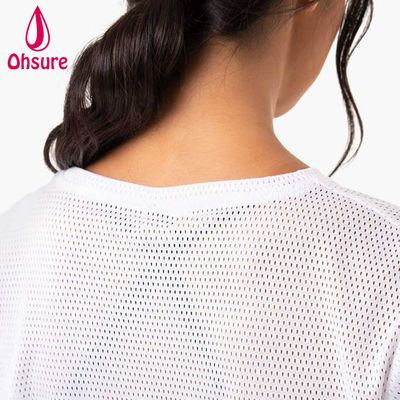 T-shirt avec logo personnalisé Décontracté Spandex Maille Tissu Col rond Vêtements pour femmes Chemises de sport pour femmes