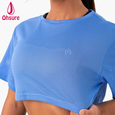 T-shirt avec logo personnalisé Décontracté Spandex Maille Tissu Col rond Vêtements pour femmes Chemises de sport pour femmes