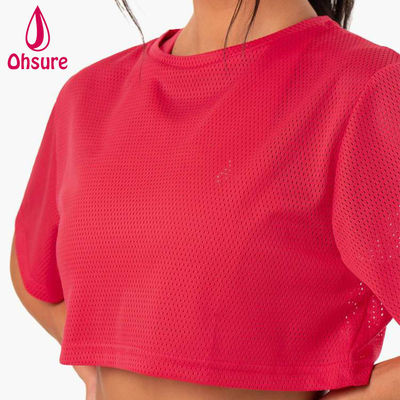 T-shirt avec logo personnalisé Décontracté Spandex Maille Tissu Col rond Vêtements pour femmes Chemises de sport pour femmes