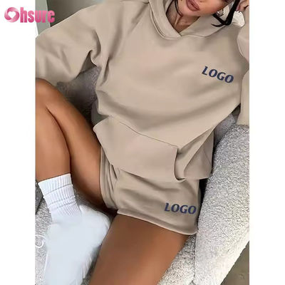 F240140 Ensembles courts personnalisés Ensemble de deux pièces Femmes Manches longues Hoodie simple Sweatsuit et Shorts de gym Ensemble de vêtements de printemps pour femmes