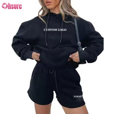 Ensemble short de survêtement et sweat à capuche oversize pour femmes en gros, ensemble 2 pièces, survêtement, logo personnalisé