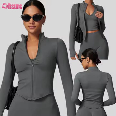 Veste de protection solaire, col montant, fermeture éclair, manches longues, veste de yoga femme, sweat-shirts pour femmes, hauts de sport de fitness en plein air serrés