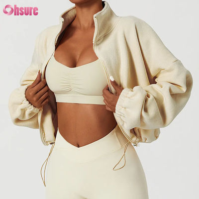 Logo personnalisé de haute qualité Support Top Hoodie Femmes Fitness Vêtements de sport automne Manches longues laine chaude Full Zip Crop Hoodies