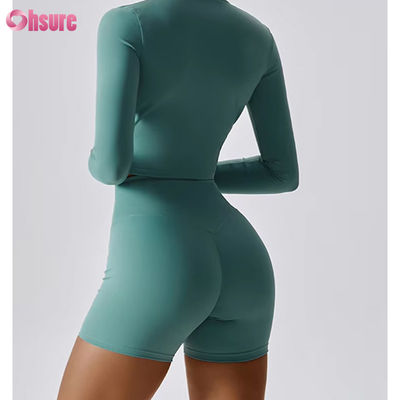 Hauts de sport courts à manches longues pour femmes, ajustement parfait, fermeture éclair complète, en nylon/élasthanne 230GSM, avec logo personnalisé, vêtements de sport