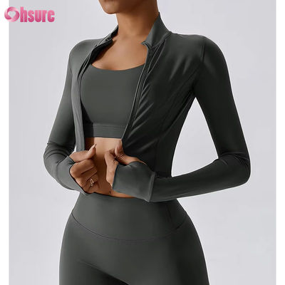 Hauts de sport courts à manches longues pour femmes, ajustement parfait, fermeture éclair complète, en nylon/élasthanne 230GSM, avec logo personnalisé, vêtements de sport
