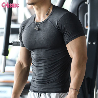 Haut de sport pour hommes, séchage rapide, serré, athlétique, musculation, t-shirt en polyester, chemise de fitness pour hommes, chemise de gym pour hommes