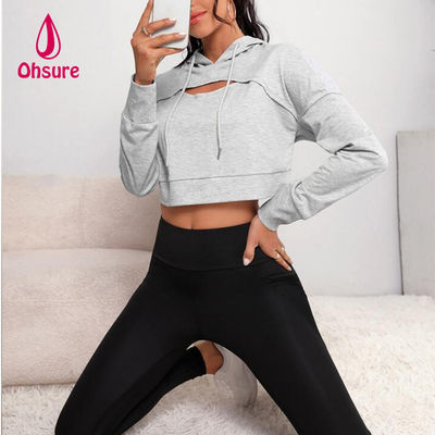 Ohsure Fitness Femmes Loose Casual Sweatsuit automne Yoga de base Drop Shoulder Drawstring Crop Sports Hoodie