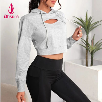 Ohsure Fitness Femmes Loose Casual Sweatsuit automne Yoga de base Drop Shoulder Drawstring Crop Sports Hoodie