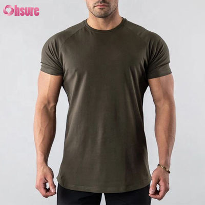 T-shirt de musculation pour homme, de gym, avec ourlet incurvé long, coupe ample, en coton mélangé (95% coton, 5% élasthanne), uni, vierge, avec logo personnalisé