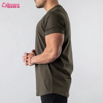 T-shirt de musculation pour homme, de gym, avec ourlet incurvé long, coupe ample, en coton mélangé (95% coton, 5% élasthanne), uni, vierge, avec logo personnalisé