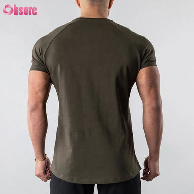 T-shirt de musculation pour homme, de gym, avec ourlet incurvé long, coupe ample, en coton mélangé (95% coton, 5% élasthanne), uni, vierge, avec logo personnalisé
